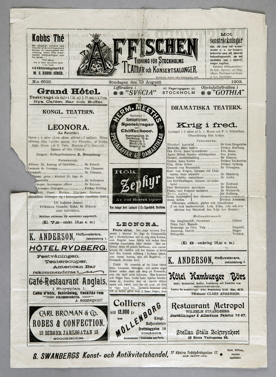 Sju programblad. Två olika format. "Affischen" - tidning för Stockholms teatrar och konsertsalonger. Från åren 1894-1906. I bladen presenteras program för teatrar m.m., men de är också försedda med tidstypiska reklamannonser.