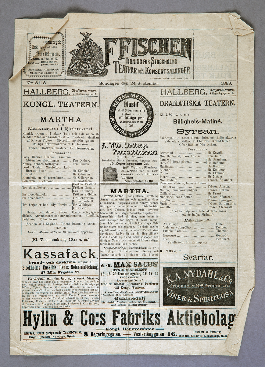 Sju programblad. Två olika format. "Affischen" - tidning för Stockholms teatrar och konsertsalonger. Från åren 1894-1906. I bladen presenteras program för teatrar m.m., men de är också försedda med tidstypiska reklamannonser.
