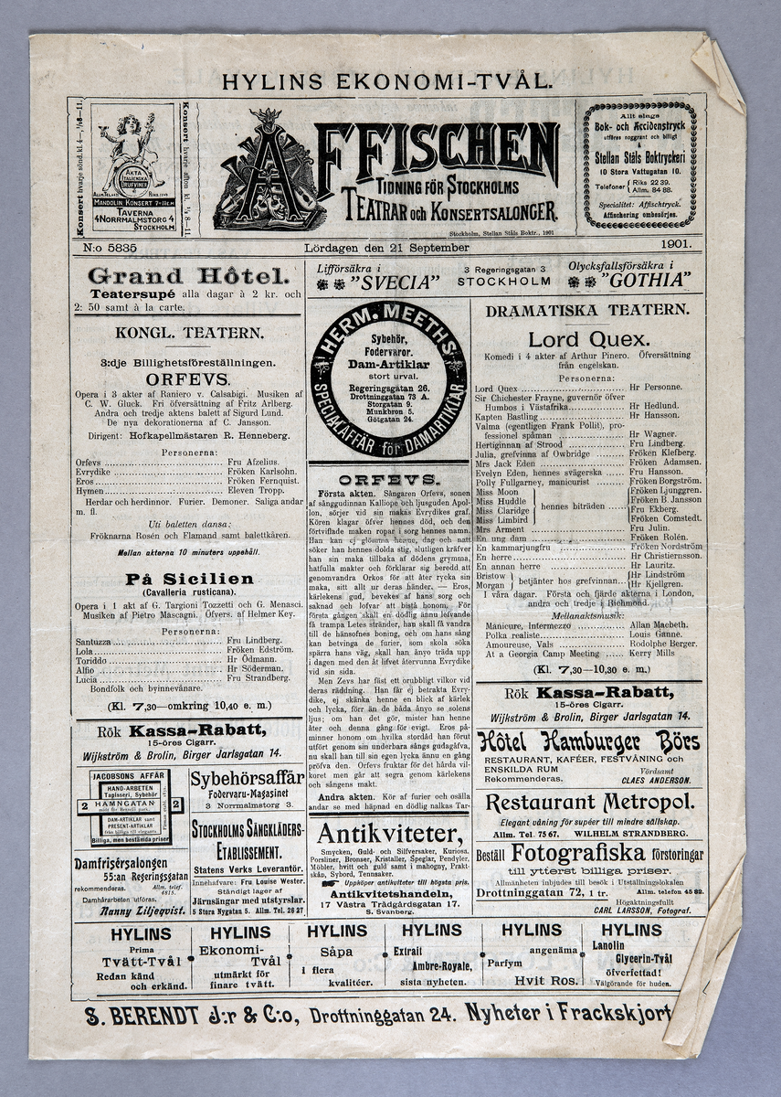 Sju programblad. Två olika format. "Affischen" - tidning för Stockholms teatrar och konsertsalonger. Från åren 1894-1906. I bladen presenteras program för teatrar m.m., men de är också försedda med tidstypiska reklamannonser.