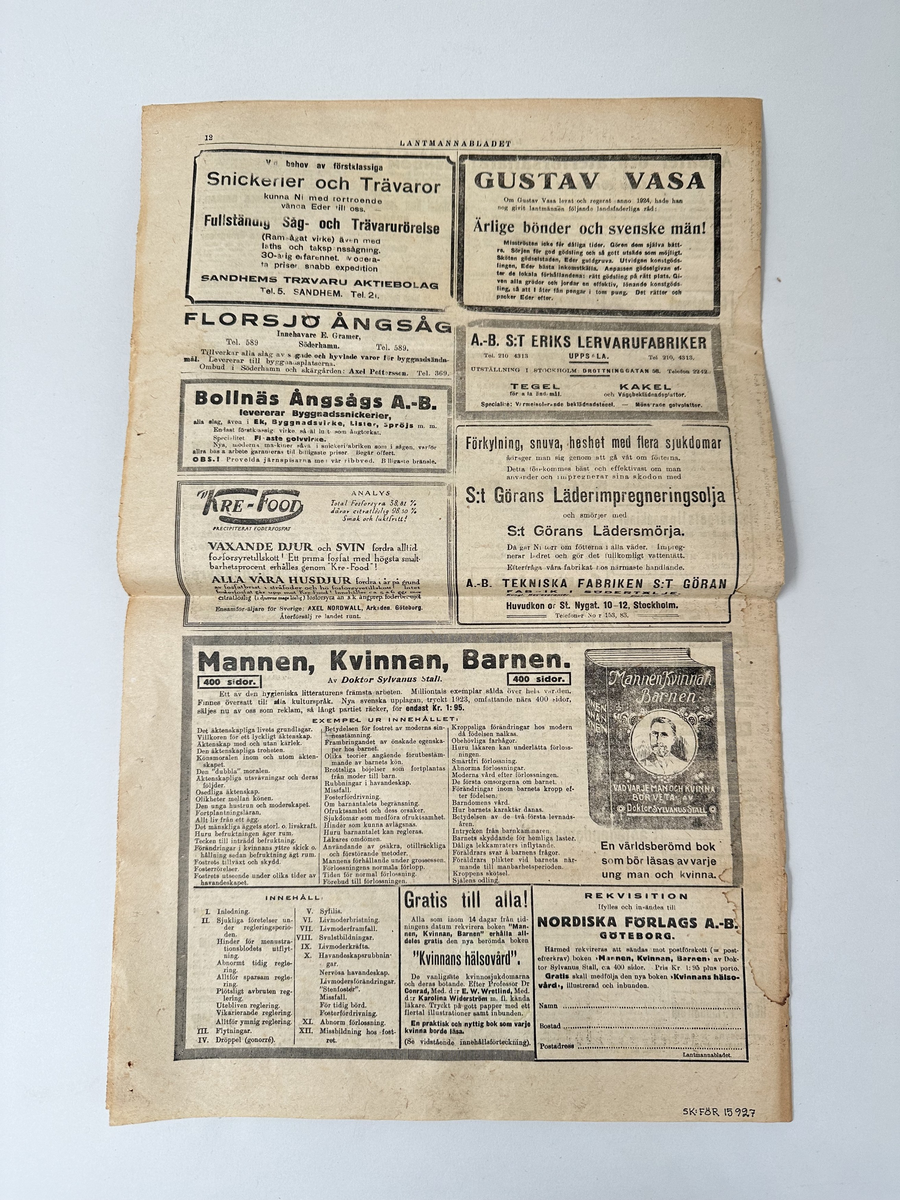 Annonsbilaga, medföljande tidningen Aftonbladet, Nr 8, Onsdagen den 20 februari 1924. Innehåller många annonser om varor till lantbruk och byggnation, och reportage om ladugårdsbyggander bl.a. 8 sidor, men ett uppslag har försvunnit. Ej sprättad upptill.