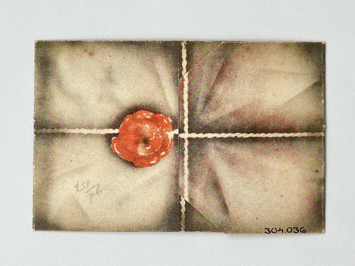 Gratulationskort i papper. Hopvikbart så det ser ut som kuvert med snöre om, sigill och adressblad. Inuti tecknade blommor och blad samt rund bild föreställande sommarlandskap med sjö och björkar. Tryckt dikt. 