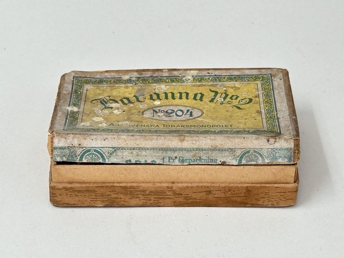 Ask, i två delar, av hårdpapp som utvändigt klätts i trämönstrat papper. På locket, gul etikett med grönt tryck: "Havanna no 2, no 204 AB Svenska Tobaksmonopolet". 
