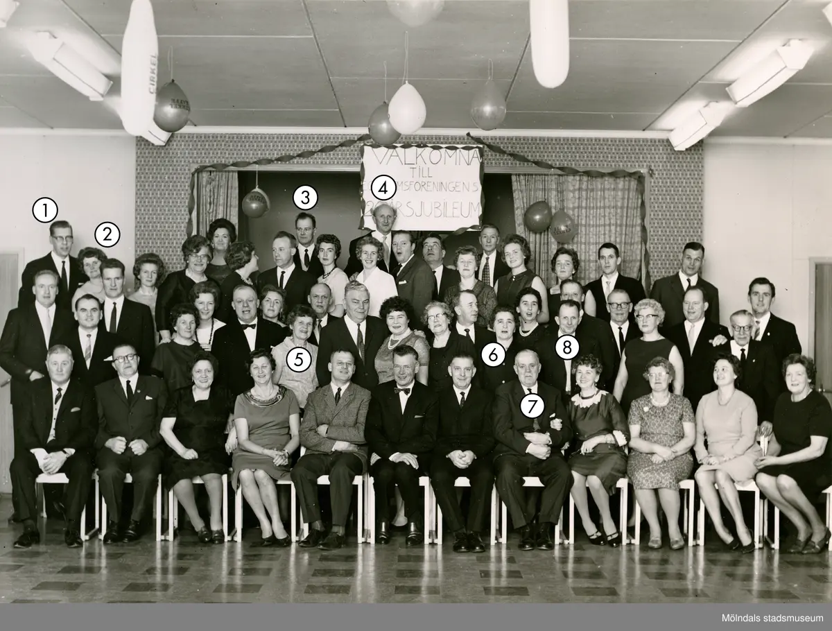 Egnahemsföreningens 20-årsjubileum, okänd plats cirka 1965. Flertalet medlemmar står eller sitter på scenen. Någon håller upp en skylt med texten "VÄLKOMNA TILL EGNAHEMSFÖRENINGENS 20-ÅRSJUBILEUM". Med på bild är (se foto nr två där namnuppgifter framgår): 1. Sten-Allan Johansson, 2. Linnea Andersson, 3. Åke Brorsson, 4. Östen Andersson, 5. Svea Brorsson, 6. Märta Andersson, 7. Artur Andersson, 8. John "Tåa-John" Johansson.