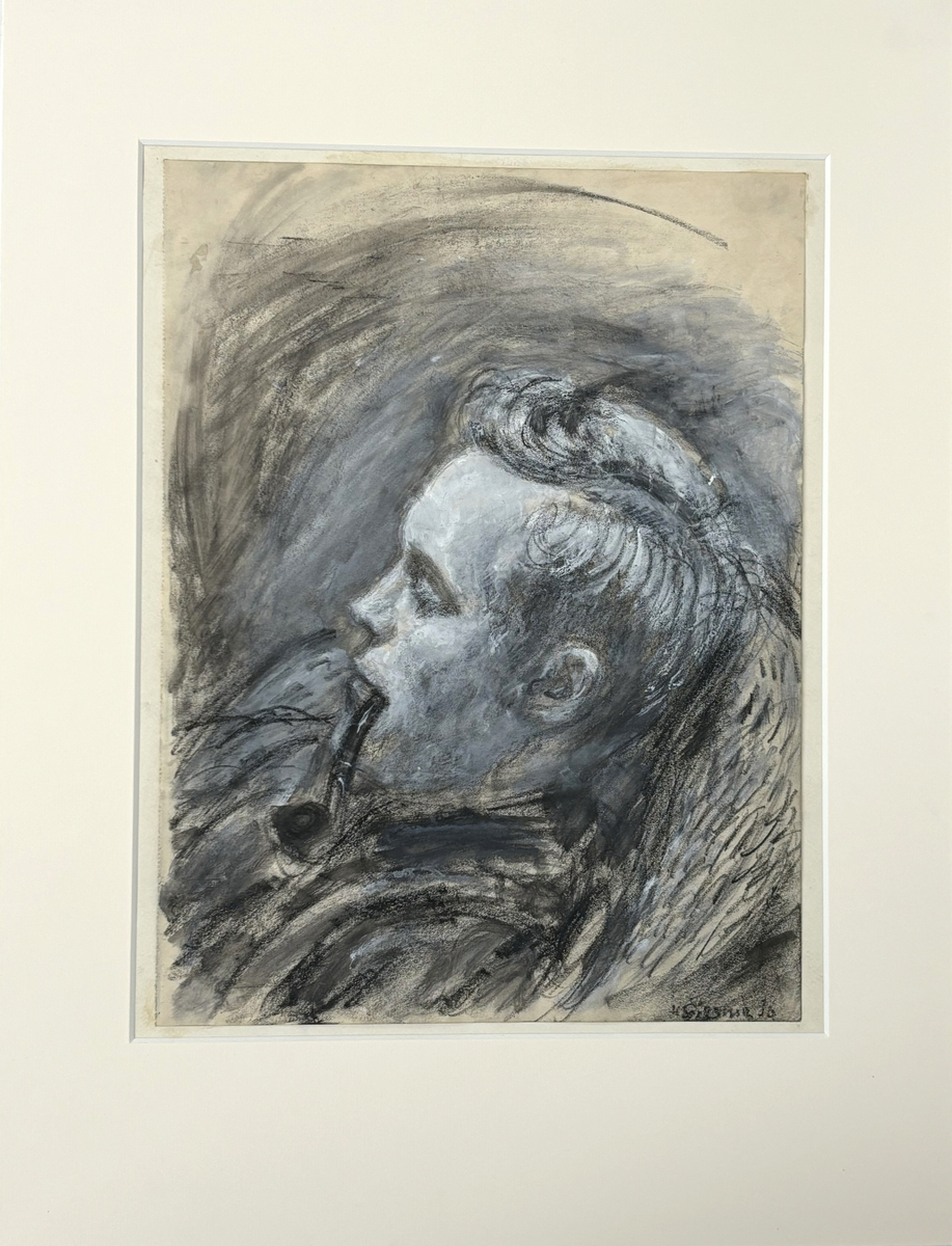 Bryststykke, en profil, av ung mann med pipe. Kan det vere av venen Karl Tønjum? Eller ein kunstnarven?