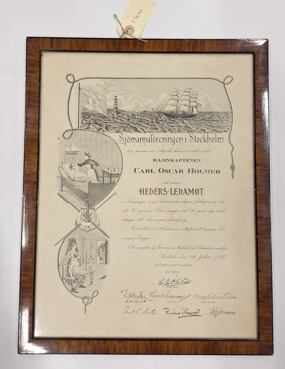Medlemsdiplom för hamnkaptenen Carl Oscar Holmer, hedersledamot i Sjömannaföreningen i Stockholm. Daterat 14 februari 1939.