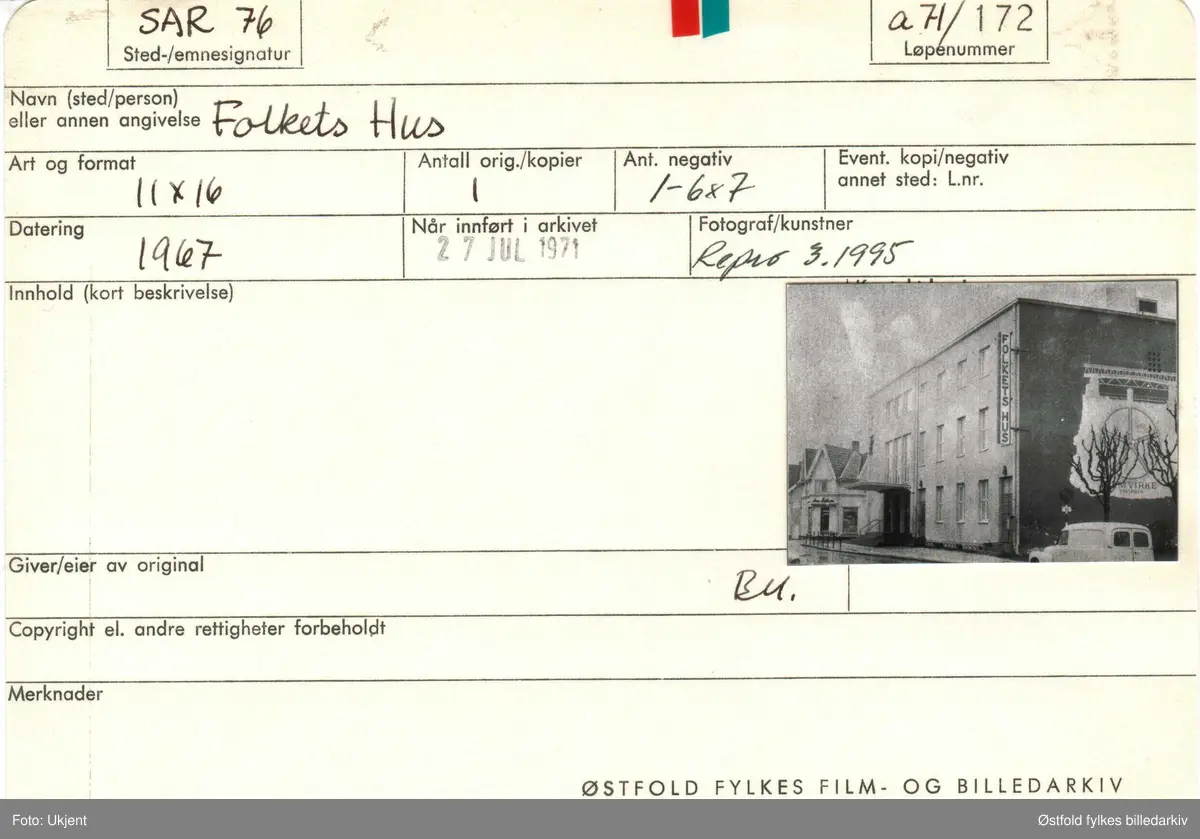 Folkets Hus i St Marie gate 38, i Sarpsborg i 1967, bygd i 1931.