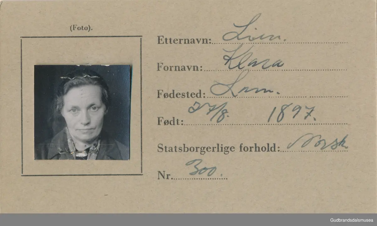 Lien - Klara f. 1897
ID-kort utstedt 1941, Lom