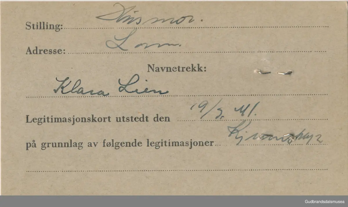 Lien - Klara f. 1897
ID-kort utstedt 1941, Lom