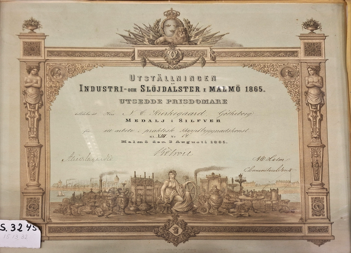 Diplom, silvermedalj från industriutställningen i Malmö 1865 tilldelat N C Kierkegaard "för ett arbete i praktisk skeppsbyggnadskonst".