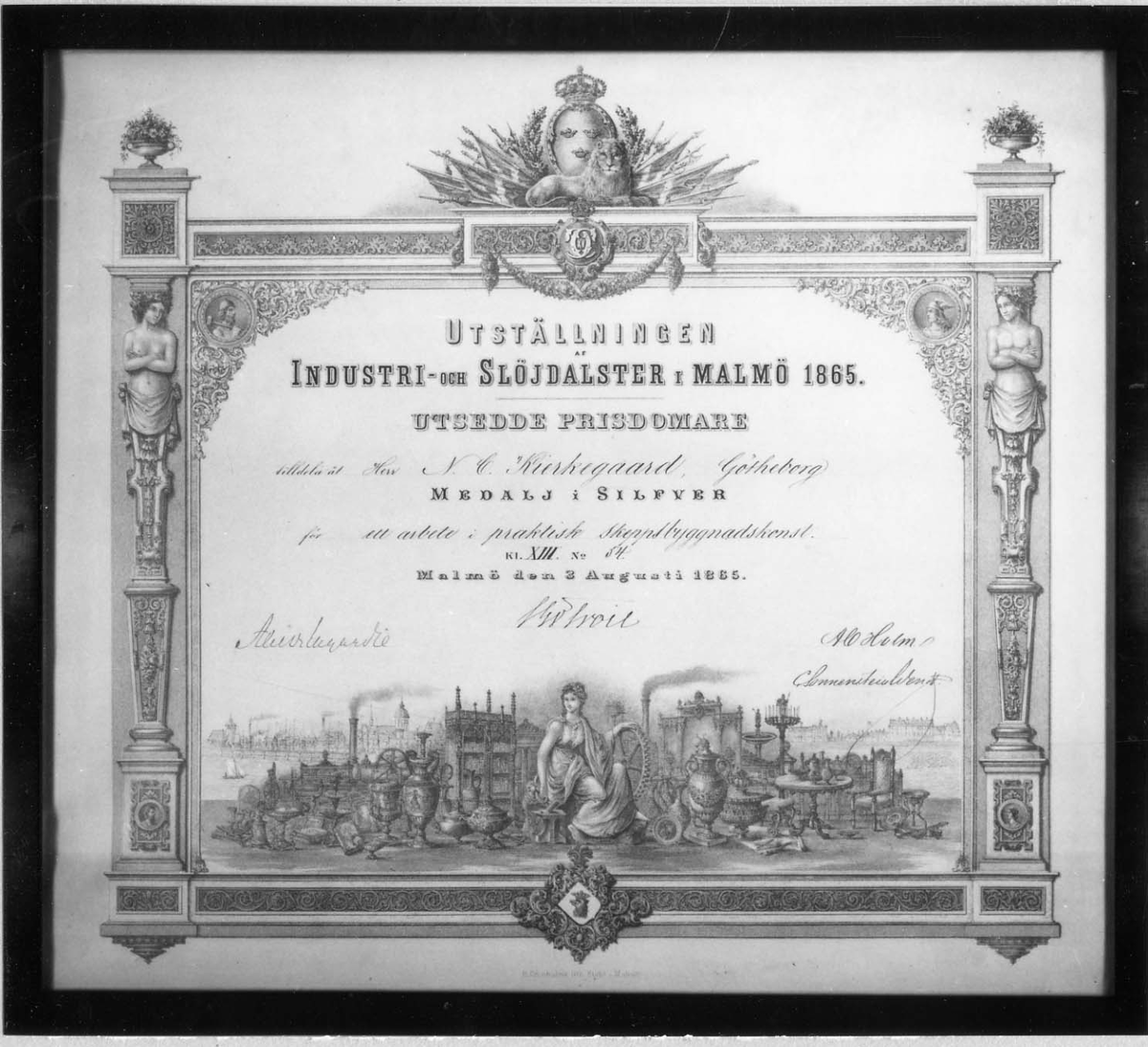 Diplom, silvermedalj från industriutställningen i Malmö 1865 tilldelat N C Kierkegaard "för ett arbete i praktisk skeppsbyggnadskonst".