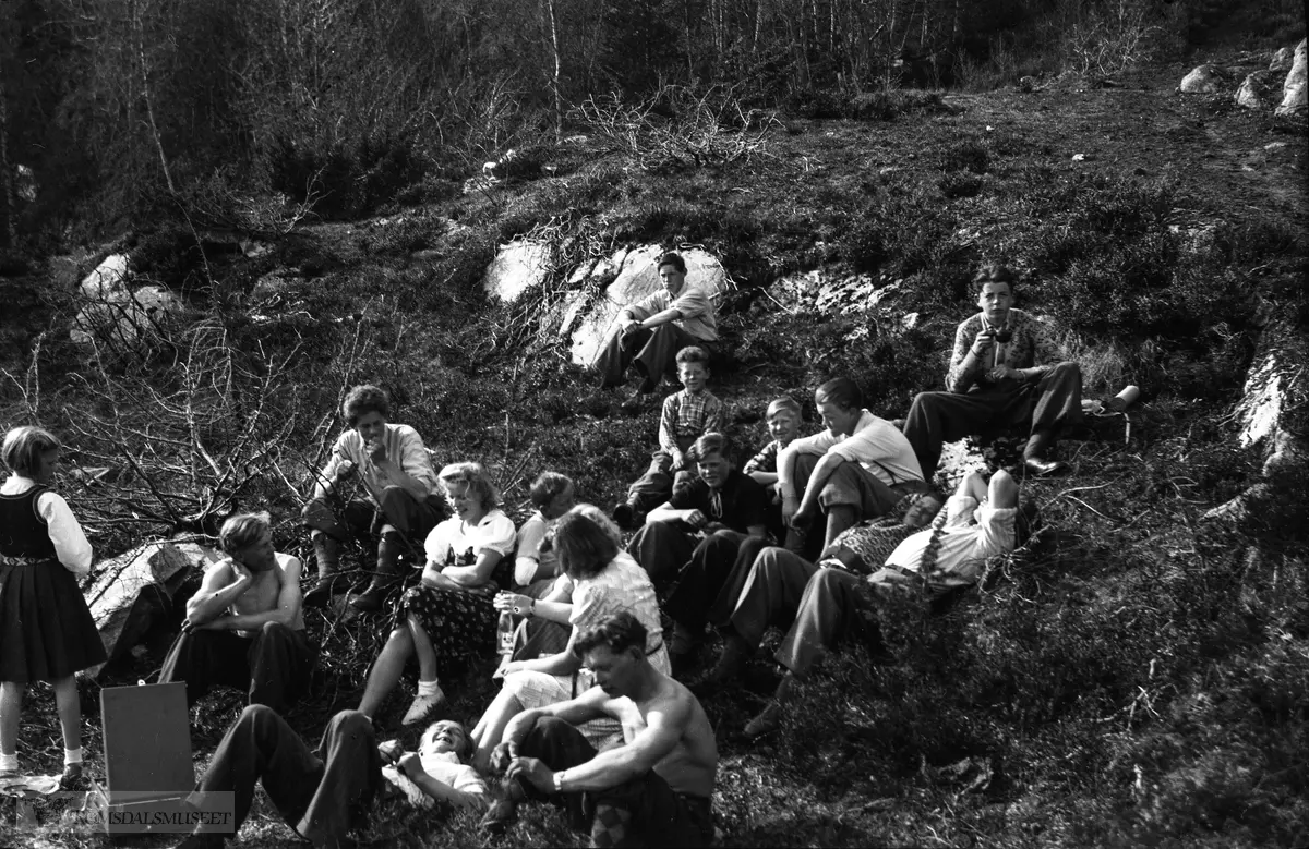 "På Liaplassen 17 mai 1942".Ungdommer fra Kringstad og Bjørset samlet til leik og moro på (Liaplassen) Svensplassen.