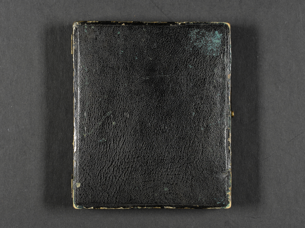 Daguerreotypi: Portrett av sittende kvinne i sort kjole (helfigur) med hengekrøller. Hun lener armen på et rekkverk med blomsterbukett i hånden.