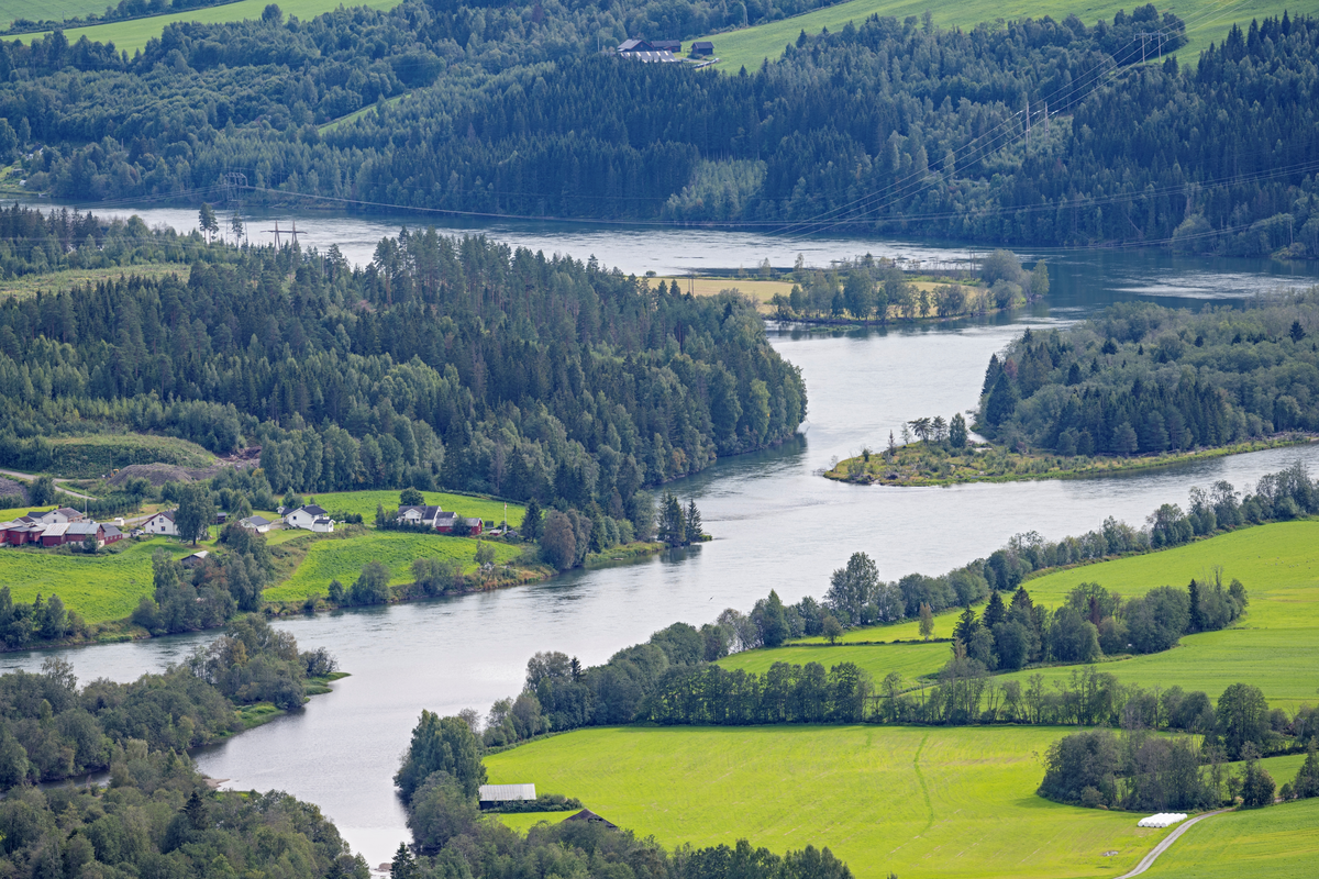 Landskap ved Gudbrandsdalslågen sør og øst for Jørstadmoen, Lillehammer kommune, Innlandet. Deler av Lågendeltaet. Lågendeltaet har status som naturreservat og er et av Norges største innlandsdelta. Reservatet strekker seg fra kommunegrensa mot Øyer i nord til om lag to kilometer sør for Vingnesbrua. Området omfatter foruten elva og vannet også øyer og noen strandpartier. Reservatet ble opprettet i 1990 for å «bevare et viktig og spesielt våtmarksområde i sin naturlige tilstand med vegetasjon og dyreliv, og å verne om et spesielt rikt og interessant fugleliv".
Bildet er tatt fra Jørstadbakkene, litt ovenfor gården Øvre Jørstad. Vi ser gårdene ved Moshølen på østsida av elva til venstre i bildet, og øyene Storvollen og Våløya, et område som vil ble sterkt berørt i forbindelse med ny veitrasé for E6.