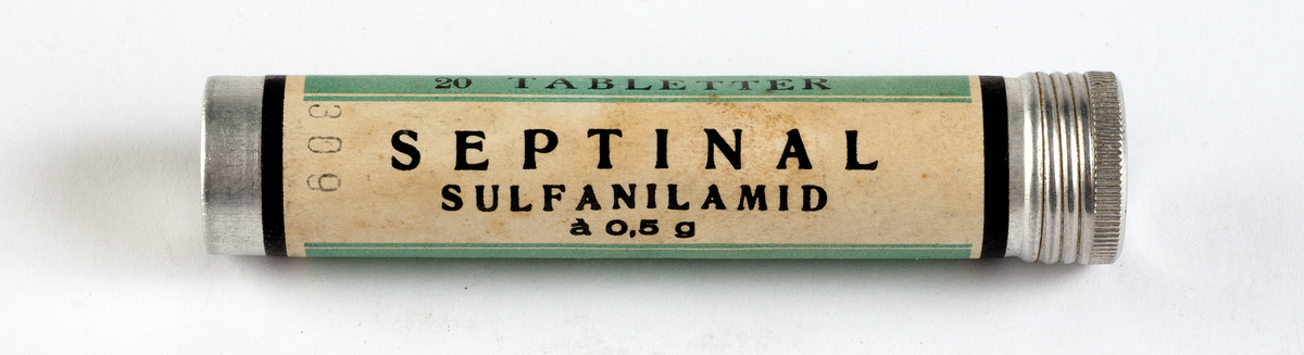 Plåtrör med grön och vit etikett med svart text "SEPTINAL SULFANILAMID, PHARMACIA Stockholm".