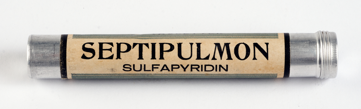 Plåtrör med blå och vit etikett med svart text "SEPTIPULMON Sulfapyrinid, PHARMACIA Stockholm".