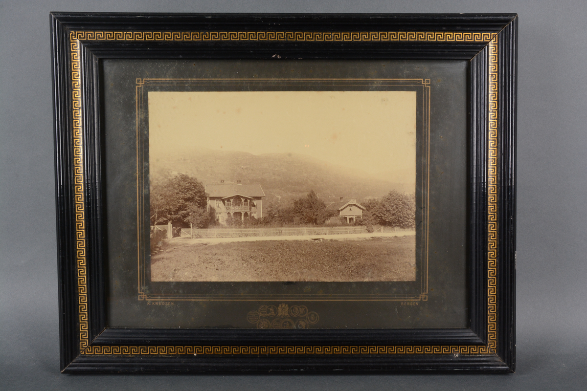 Hus i sveitserstil med stakitt, fjell i bakgrunnen.