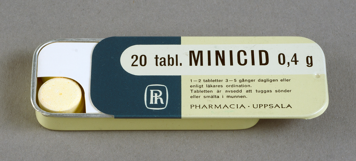 Plåtask med skjutlock grå med lock i blått, grått och vitt ned svart text "20 tabl. MINICID 0,4 g. PHARMACIA UPPSALA".