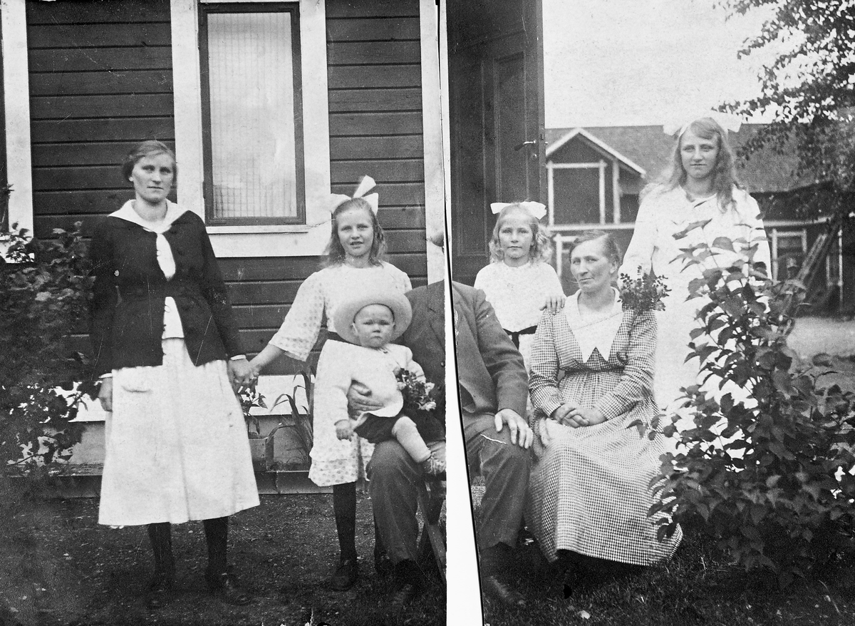 Ituklippt vykort med familjefotografi taget på okänd plats, alltså inte på Kustsanatoriet. Bild 1 och 2 visar de olika delarna och bild 3 den sammansatta bilden. Vykortet är adresserat till Elin Andersson på Kustsanatoriet Apelviken 3 från storasystern Maja i Röjeråsen, avsänt 1921, så möjligen är fotot taget där. Merparten av mannen som sitter med det minsta barnet i knät är bortklippt. De sitter i trädgården invid ett bostadshus, där dörren på gaveln står öppen. I bakgrunden ligger ytterligare ett hus.