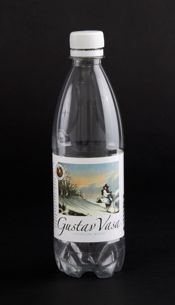 50cl PET-flaska med vit skruvkork. Har innehållit "Gustav Vasa sparkling water", tillverkat för Grafix Profil AB vid 2020-talets början.