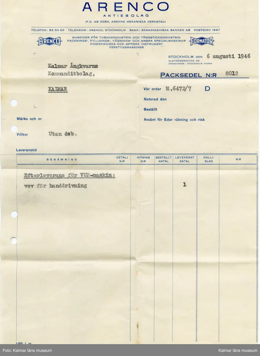 KLM 46812:7:1-20. Handling, samling. Packsedlar, handskrivna lappar, instruktioner. Tryck och handskrift på papper. Samlat i brunt kuvert (:1). Tryckt text kuvert: A.-Bol. E.J. Carlström & Sons Filial Kalmar. Påskrift kuvert: Herr Gunnar Eriksson Ångkvarnen Kalmar. Packsedlarna rör diverse maskiner som mjölpackare, rensförseglingsmaskin, havregrynspackare, remförseglingsmaskin, kartongförseglingsmaskin, vägningsmaskin m.m.