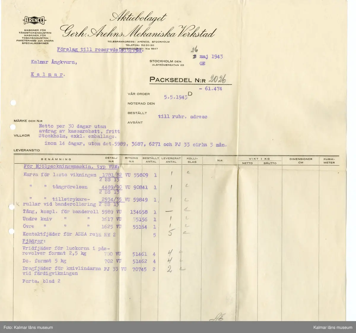 KLM 46812:7:1-20. Handling, samling. Packsedlar, handskrivna lappar, instruktioner. Tryck och handskrift på papper. Samlat i brunt kuvert (:1). Tryckt text kuvert: A.-Bol. E.J. Carlström & Sons Filial Kalmar. Påskrift kuvert: Herr Gunnar Eriksson Ångkvarnen Kalmar. Packsedlarna rör diverse maskiner som mjölpackare, rensförseglingsmaskin, havregrynspackare, remförseglingsmaskin, kartongförseglingsmaskin, vägningsmaskin m.m.