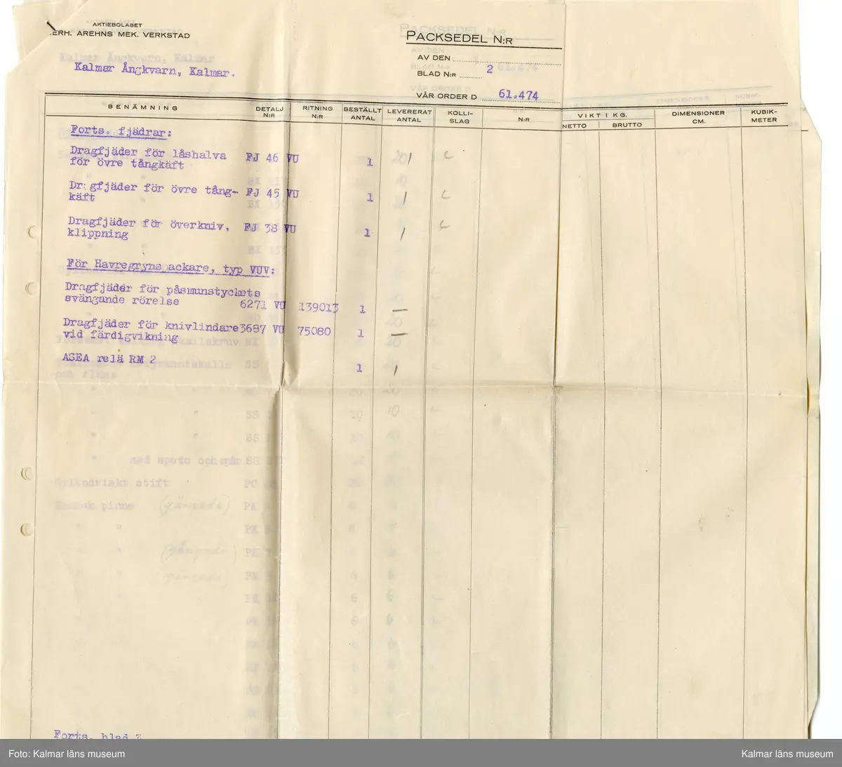 KLM 46812:7:1-20. Handling, samling. Packsedlar, handskrivna lappar, instruktioner. Tryck och handskrift på papper. Samlat i brunt kuvert (:1). Tryckt text kuvert: A.-Bol. E.J. Carlström & Sons Filial Kalmar. Påskrift kuvert: Herr Gunnar Eriksson Ångkvarnen Kalmar. Packsedlarna rör diverse maskiner som mjölpackare, rensförseglingsmaskin, havregrynspackare, remförseglingsmaskin, kartongförseglingsmaskin, vägningsmaskin m.m.