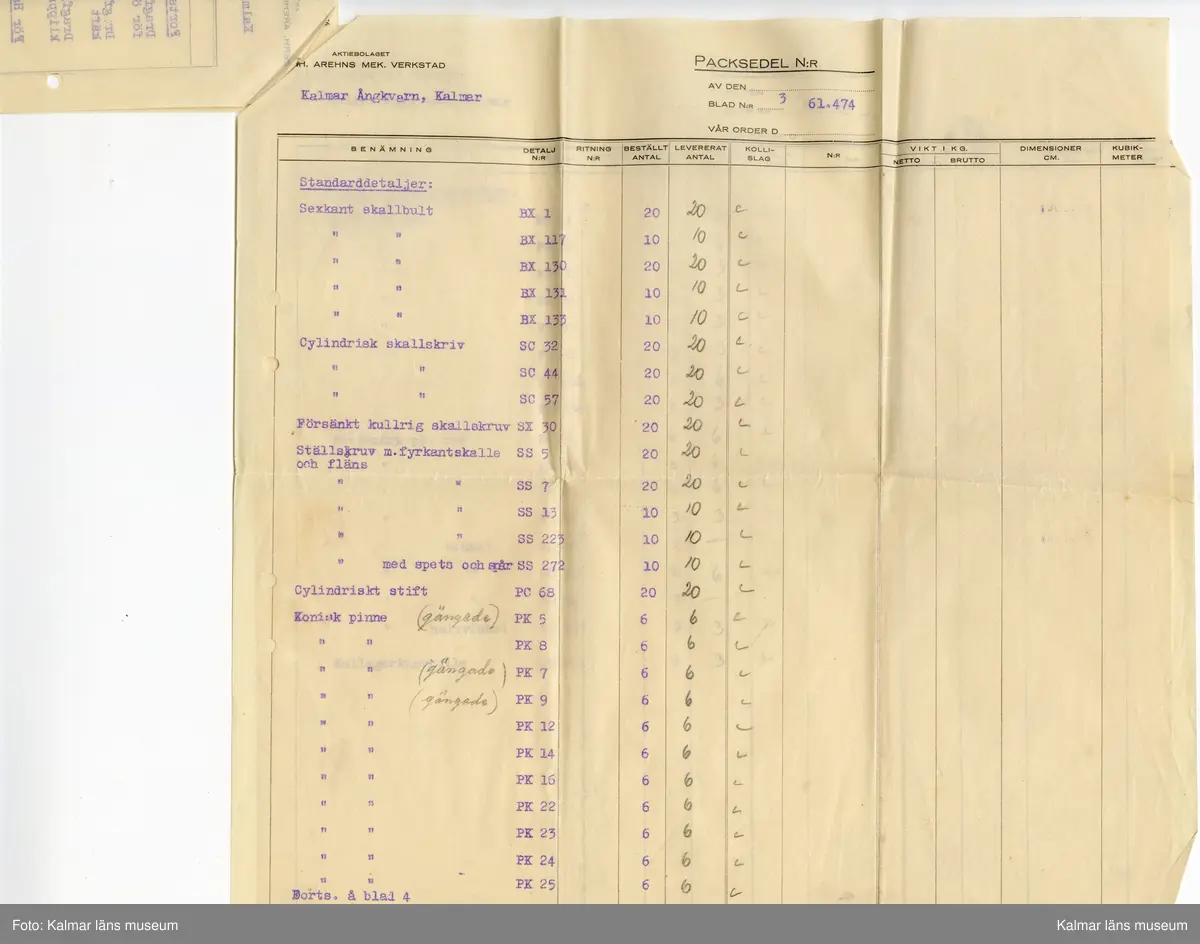KLM 46812:7:1-20. Handling, samling. Packsedlar, handskrivna lappar, instruktioner. Tryck och handskrift på papper. Samlat i brunt kuvert (:1). Tryckt text kuvert: A.-Bol. E.J. Carlström & Sons Filial Kalmar. Påskrift kuvert: Herr Gunnar Eriksson Ångkvarnen Kalmar. Packsedlarna rör diverse maskiner som mjölpackare, rensförseglingsmaskin, havregrynspackare, remförseglingsmaskin, kartongförseglingsmaskin, vägningsmaskin m.m.