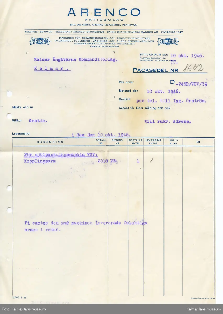 KLM 46812:7:1-20. Handling, samling. Packsedlar, handskrivna lappar, instruktioner. Tryck och handskrift på papper. Samlat i brunt kuvert (:1). Tryckt text kuvert: A.-Bol. E.J. Carlström & Sons Filial Kalmar. Påskrift kuvert: Herr Gunnar Eriksson Ångkvarnen Kalmar. Packsedlarna rör diverse maskiner som mjölpackare, rensförseglingsmaskin, havregrynspackare, remförseglingsmaskin, kartongförseglingsmaskin, vägningsmaskin m.m.
