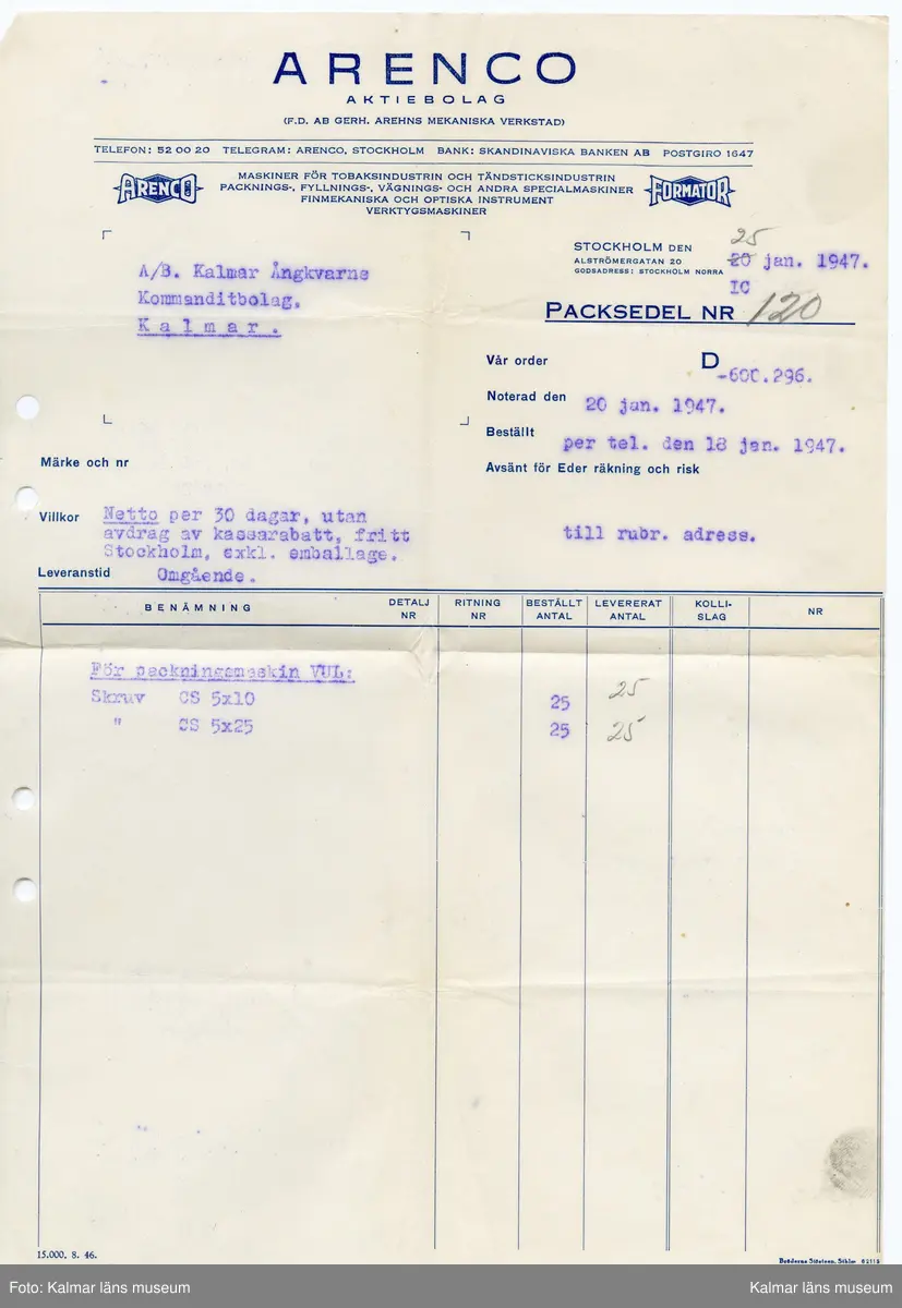 KLM 46812:7:1-20. Handling, samling. Packsedlar, handskrivna lappar, instruktioner. Tryck och handskrift på papper. Samlat i brunt kuvert (:1). Tryckt text kuvert: A.-Bol. E.J. Carlström & Sons Filial Kalmar. Påskrift kuvert: Herr Gunnar Eriksson Ångkvarnen Kalmar. Packsedlarna rör diverse maskiner som mjölpackare, rensförseglingsmaskin, havregrynspackare, remförseglingsmaskin, kartongförseglingsmaskin, vägningsmaskin m.m.