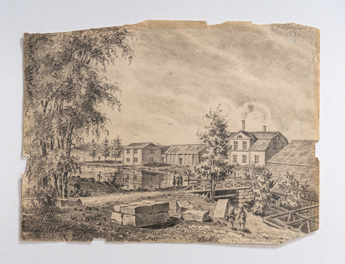 Teckning föreställande Strömbacka bruk 1851.