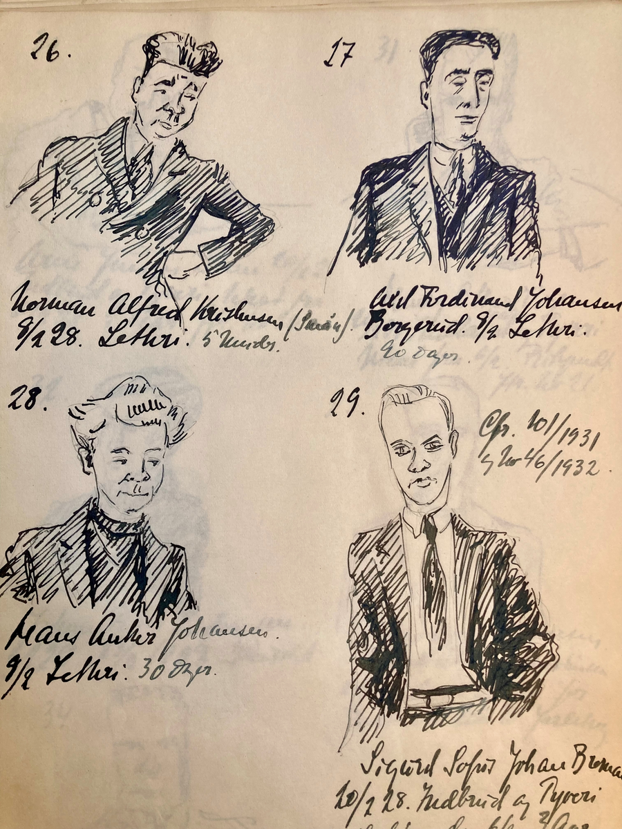 Lysebrun dokumentmappe i tykk papp. mappen inneholder 9 papirmapper med med tittelen"Oslo Lagmannsretts Forbryteralbum" og årstall fra 1927 til 1935. Hver mappe inneholder en bunke papirark med 3-6 små portretter på hver side. Enkle tegninger i blekk, over blyanskisser. De portretterte vises fra livet og opp. Hvert portrett er nummerert og datert. Den portrettertes navn, lovbruddet vedkommende stod tiltalt for, samt utfallet av saken er notert i håndskrift under hvert portrett. De tre første mappene har dessuten illustrasjoner på forsiden. Til sammen rundt 1100 portretter.