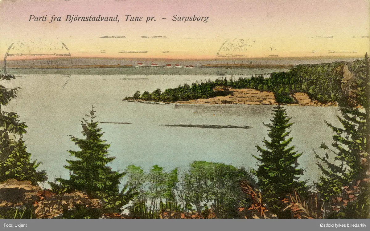 Vestvannet (Bjørnstadvannet) i Tune, ukjent år, prospektkort (fargelagt).