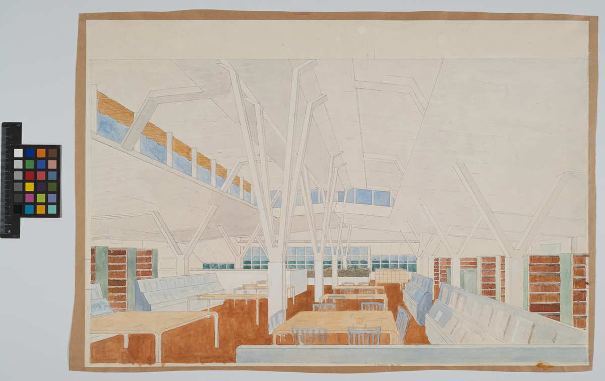 Kulturhus i Leksand.
Illustration av interiör.