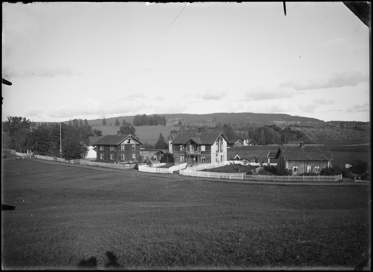 Flere hus ligger langs veien. Antakelig fotografert i Eidsvoll rundt 1908.