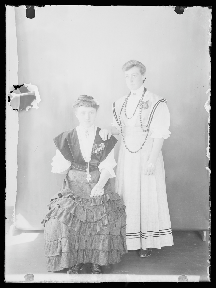 Studioportrett av to kvinner, Antatt elever ved Eidsvoll folkehøyskole 1908-09.              

På konvolutt: Bestilt 1/2 Dusin til ver. Klara Antonsen, Gudrun Fredriksen. 469.