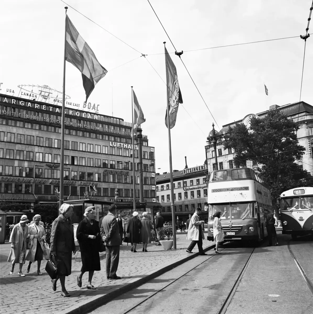 Stockholms Spårvägars sightseeingbuss vid Norrmalmstorg