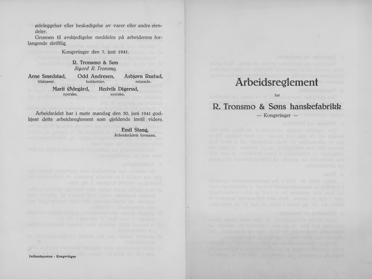 Et brettet A4-ark med arbeidsreglement for R. Tronsmo & Søns hanskefabrikk, datert 7. juni 1941. Reglementet er underskrevet av en tilskjærer, en bokholder, en reisende og to syersker. Godkjent 30. juni 1941 av arbeidsrådets formann.