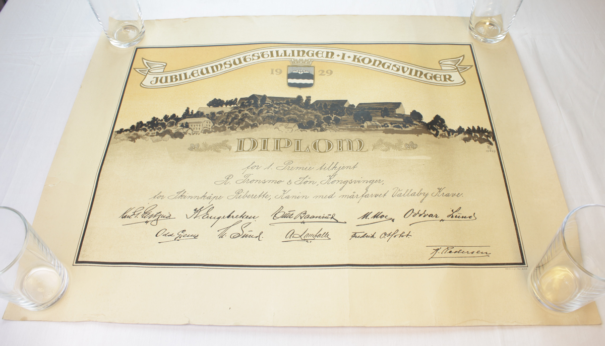Diplom for 1. premie fra jublileumsutstillingen i Kongsvinger 1929.