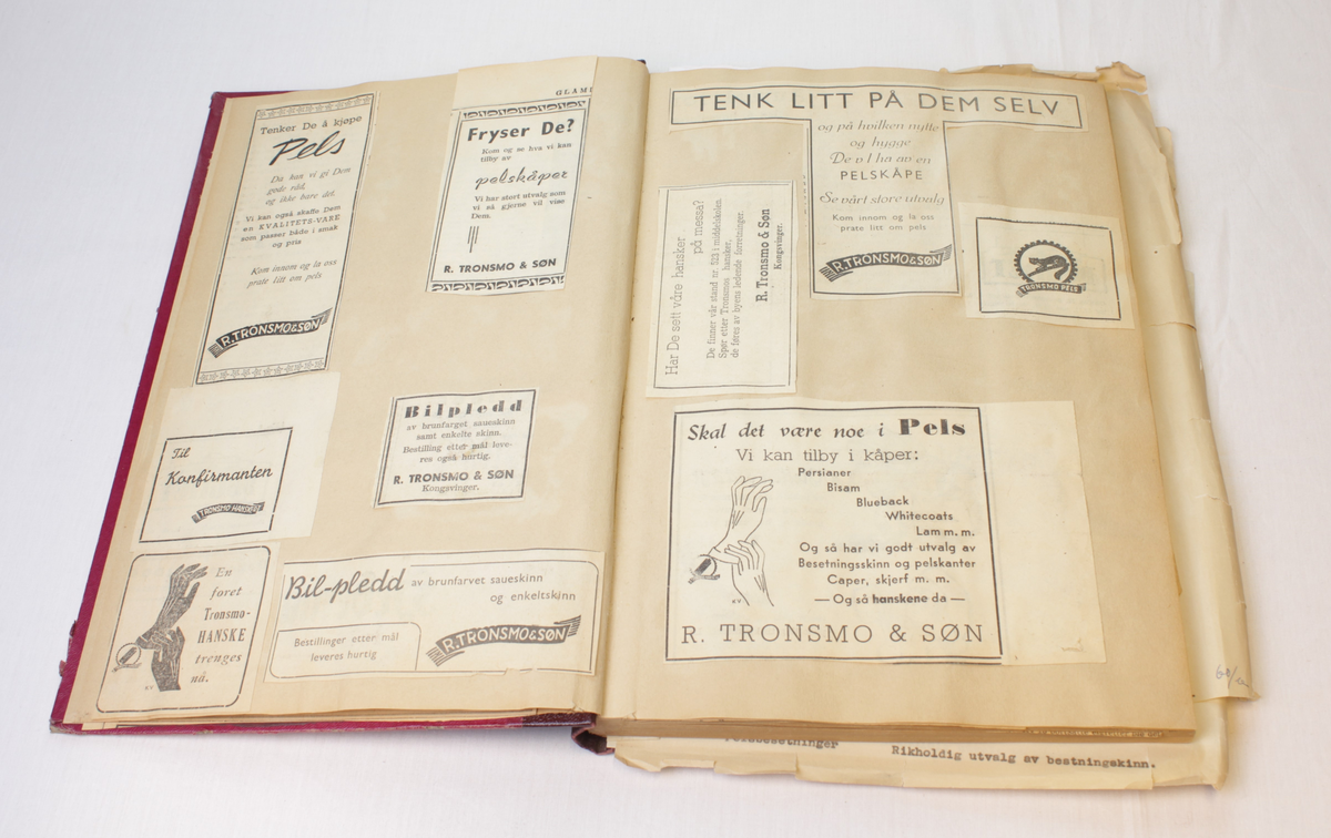 Bok med innlimte reklameannonser fra R. Tronsmo & Søn fra 1960-årene.