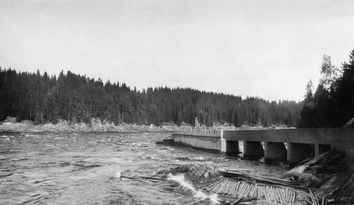 Utløpsdelen av den opprinnelige tømmerrenna (den som ble brukt i perioden 1916-26) ved Vamma kraftstasjon i Askim i Østfold. Dette fotografiet er tatt i 1931.  Fire år tidligere, i 1927, var den avbildete renna erstattet av en tømmerkanal med litt større kapasitet. Den avbildete konstruksjonen - ei slags bru eller akvedukt av betong som var ført et stykke ut i Glommas hovedløp - var imidlertid intakt. Dette fotografiet viser hvordan Fredrikstad Tømmerdirektion i 1931 stengte de åpne hvelvingene under konstruksjonen, antakelig for å omskape brua til en skjerm som ledet tømmer som kom ovenfra mot den sentrale delen av elveløpet. Her ser vi hvordan den ytre delen av brua på motstrøms side har fått en skjerm av tett, vertikalstilt plank. Under de innerste brukarene er det imidlertid ikke bygd noen liknende skjerming, antakelig fordi denne delen av konstruksjonen lå i ly av et lite steinskjær som vi ser i forgrunnen på dette fotografiet. Da bildet ble tatt lå det en del småtømmer på dette skjæret.