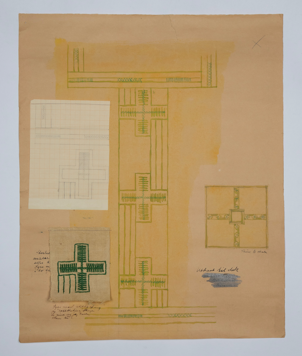 Utkast til kvadratisk duk (130x130cm). Maling på papir. En stoffprøve og en mindre skisse på milimeterpapir er påsydd på venstre side. Mønster til broderi med tette og åpne felt med et stort kvadrat på midten og border som går ut i et kors med mindre kors inne i korsarmene. Kunstneren foreslår stilkesting og "rosettsting". Påskrift: "Stingen är mina og jeg kallar dem så". Tenkt materiale er gul lin, men kunstneren foreslår også kongressvev. Broderiet har lyst og mørkt grønt perlegarn i forslaget, men på prøve er det vedlagt lingarn.