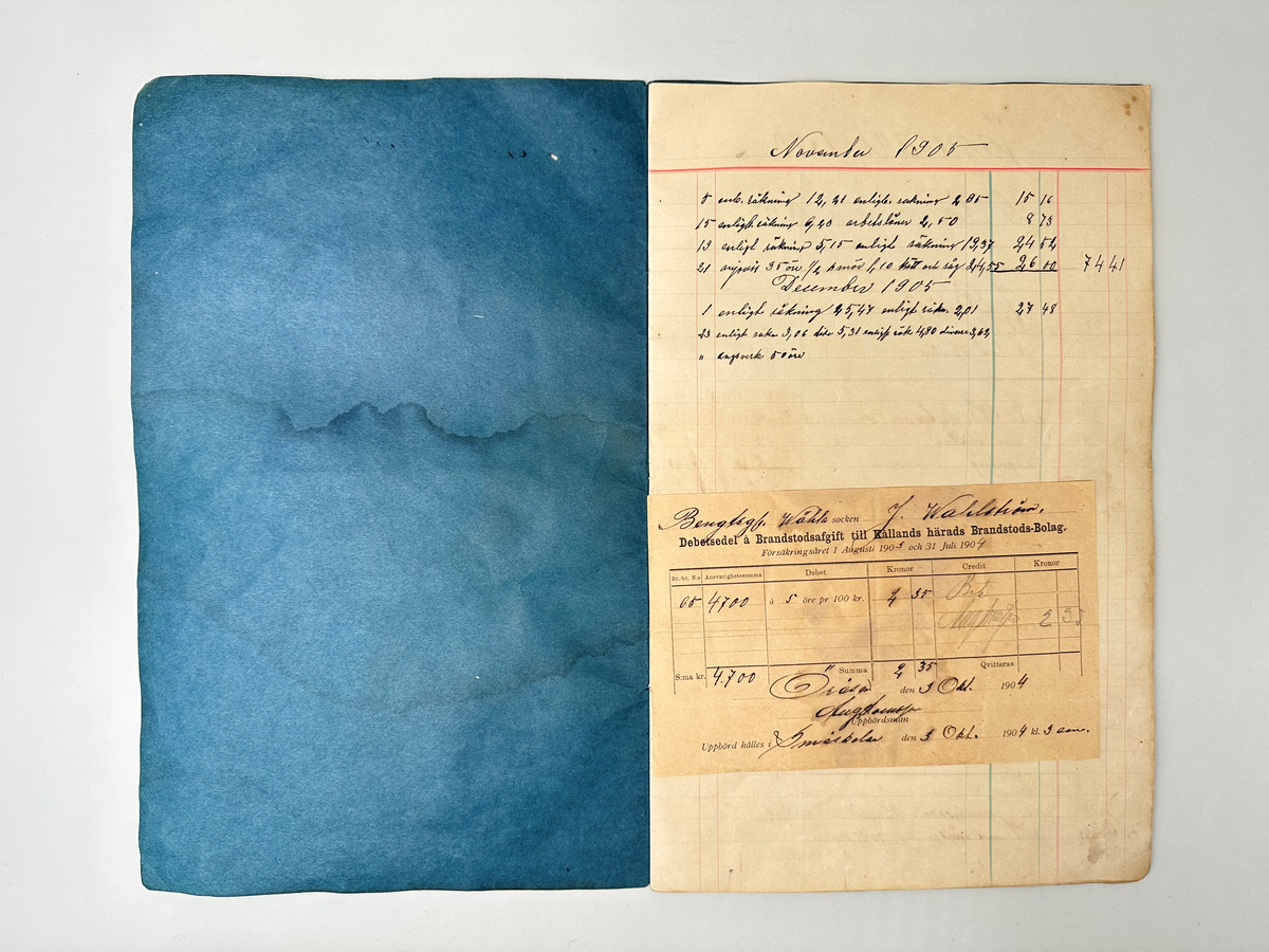 Kassabok med blå pärmar. Vit etikett med svart ram. Innehåller räkenskaper från 1890 och 1905. Märkt "Dag-bok" samt Axel Hellsjö. Fuktskadad. Löst ark "Debetsedel å Brandstodsafgift till Kållands härads Brandstods-Bolag". 