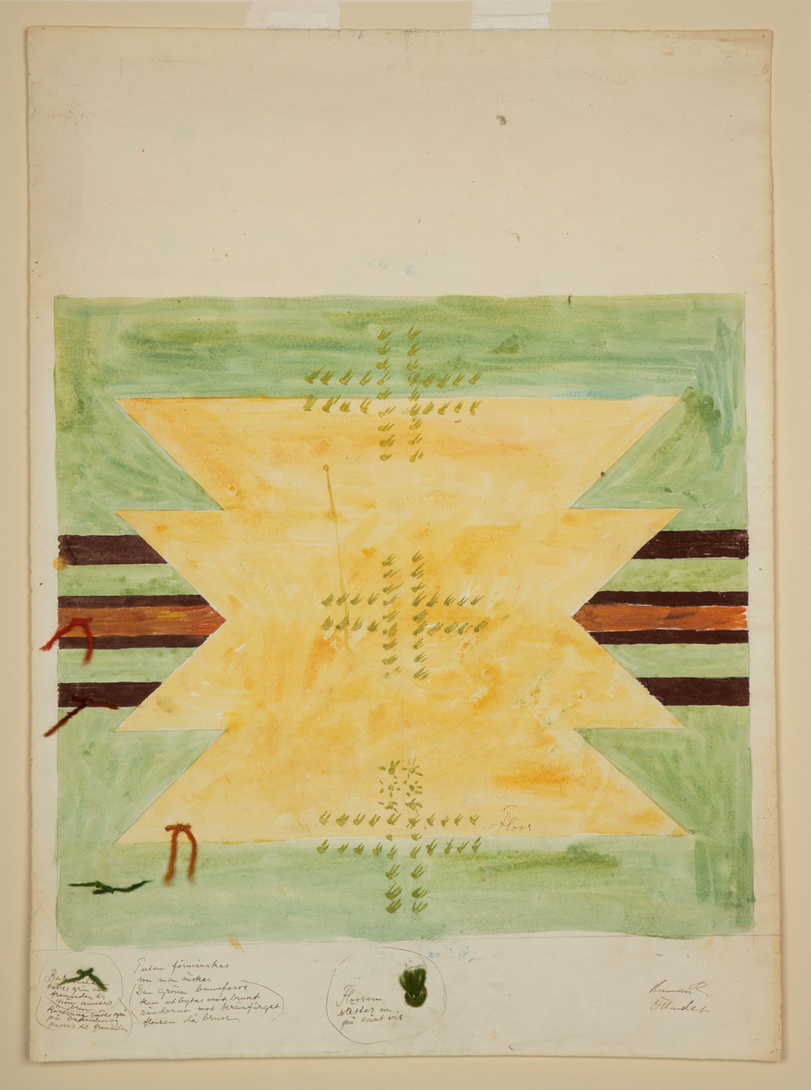 Utkast til kvadratisk putetrekk, malt på gulhvitt papir. Grønn bunn med tre striper i brunt tvers over midt på designet. Inni den midterste stripen et felt lysere brunt, ca. 2cm bredt. En stor gul "stjerne" dekker mesteparten av flaten. Den har fire tagger på hver side, men er skåret rett av oppe og nede. Inni stjernen er det små kors av flossknuter med cirka 1cm mellomrom. Antydning til et annet fargeforslag nederst på tegningen. På baksiden er det en arbeidstegning av "Lysring", med detaljer ved siden av.