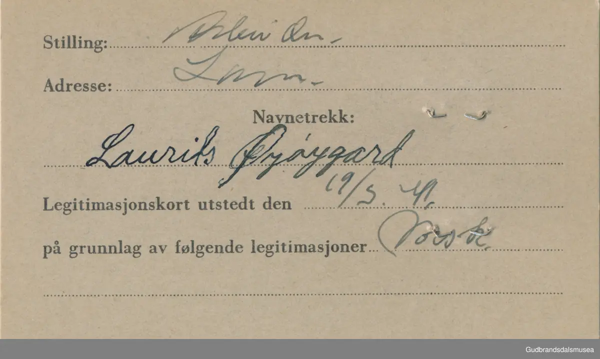 Øyøygard - Laurits f. 1900
ID-kort utstedt 1941, Lom