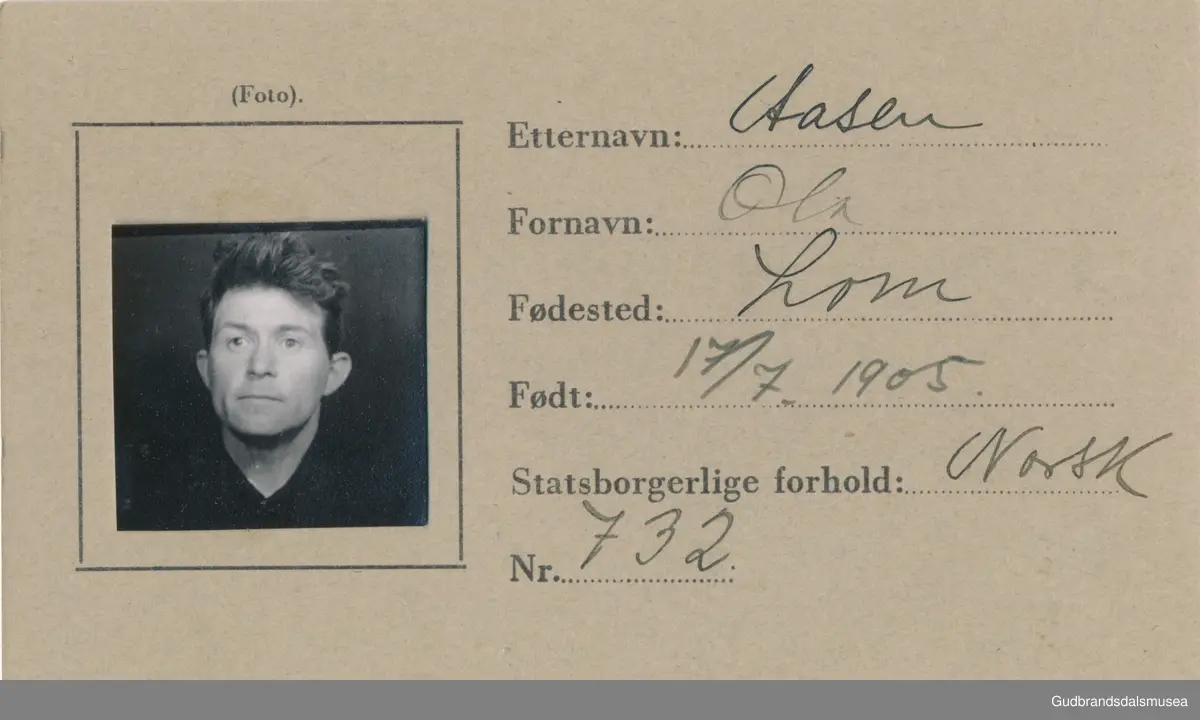 Aasen - Ola f. 1905
ID-kort utstedt 1941, Lom