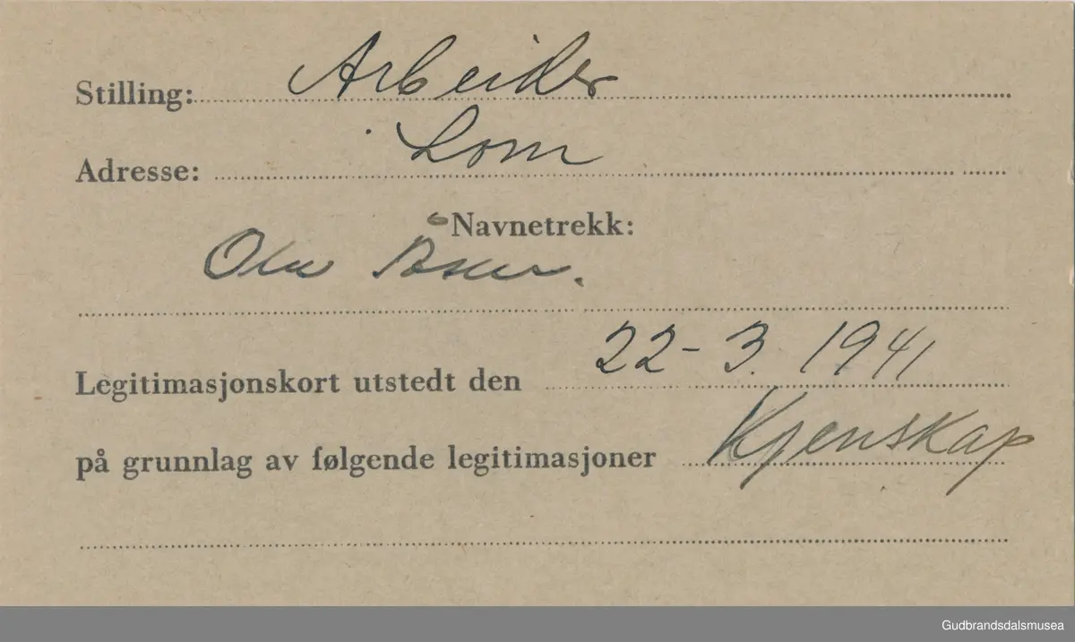 Aasen - Ola f. 1905
ID-kort utstedt 1941, Lom