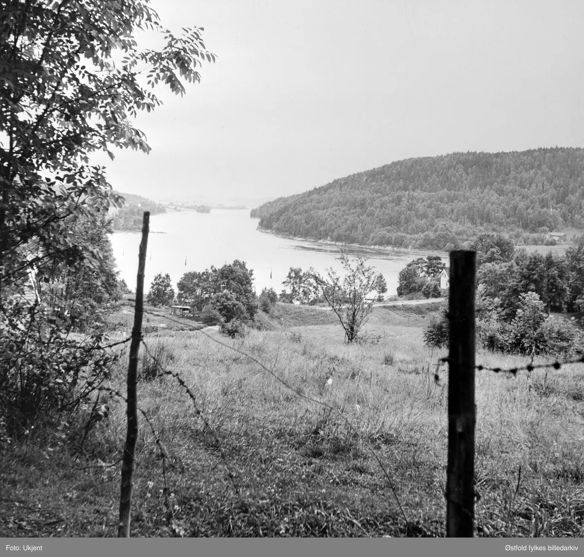 Furuholmen i Varteig ca. 1970. Utsikt sørøver elva mot Granholmen.
Fotografen har ant. stått litt nord for det huset og fotografert sørover. Østre Glommaløp ses midt i bildet. Bak høyre stolpe ser vi et av husa på Tangen. Suteråsen i Øvre Tune øverst til høyre. Bjørnholmen ved Moene nesten midt i bildet. Kongsrudtangen bak toppen av den tynneste stolpen og Gryte-evja inn til venstre.