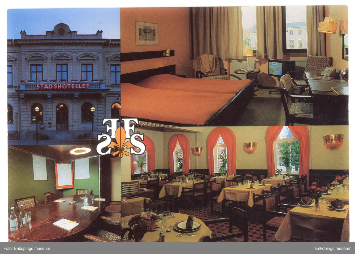 Vykort med motiv av Stadshotellet, Enköping, både interiört och exteriört. Vykortet saknar poststämpel.