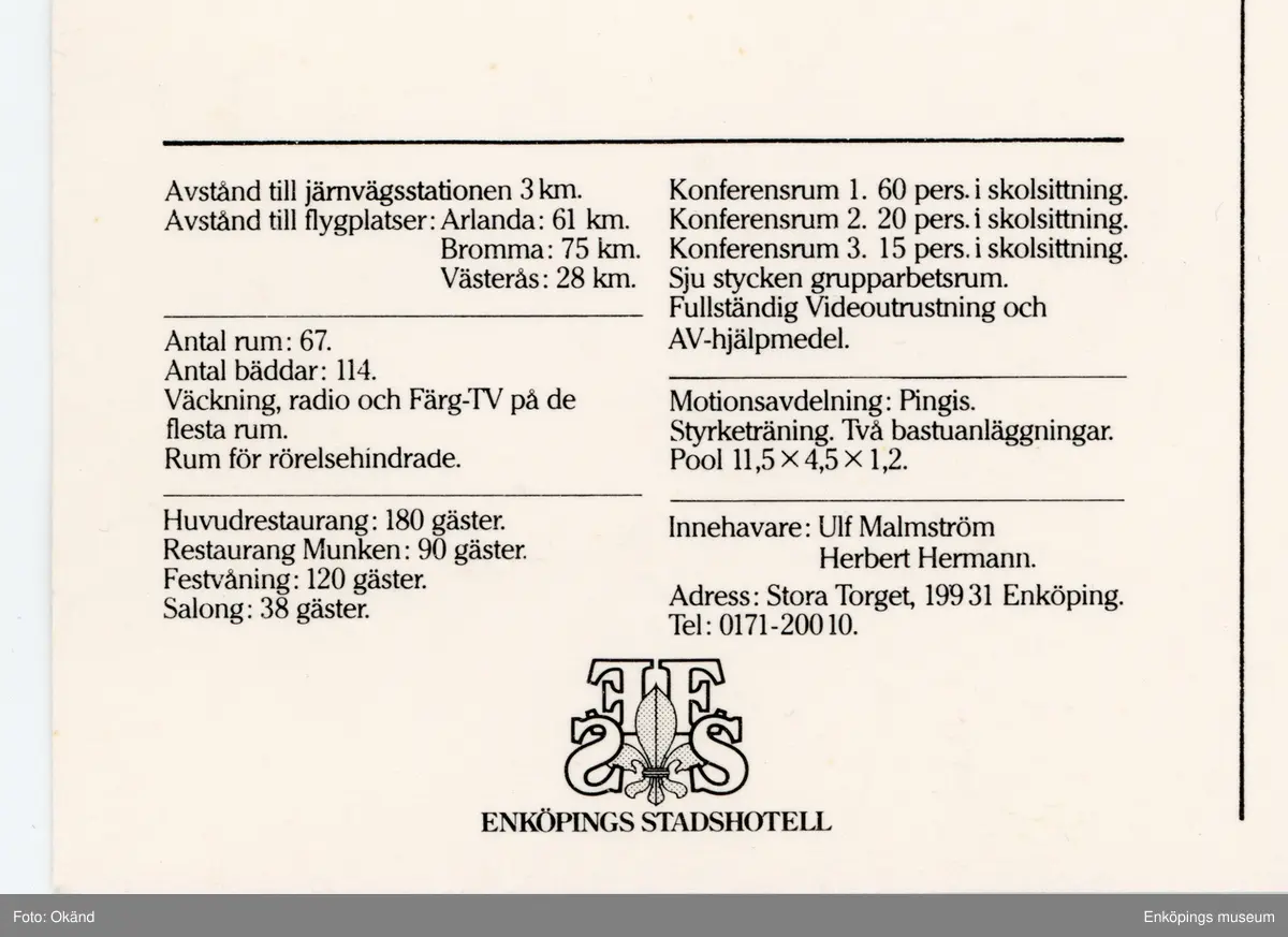Vykort med motiv av Stadshotellet, Enköping, både interiört och exteriört. Vykortet saknar poststämpel.