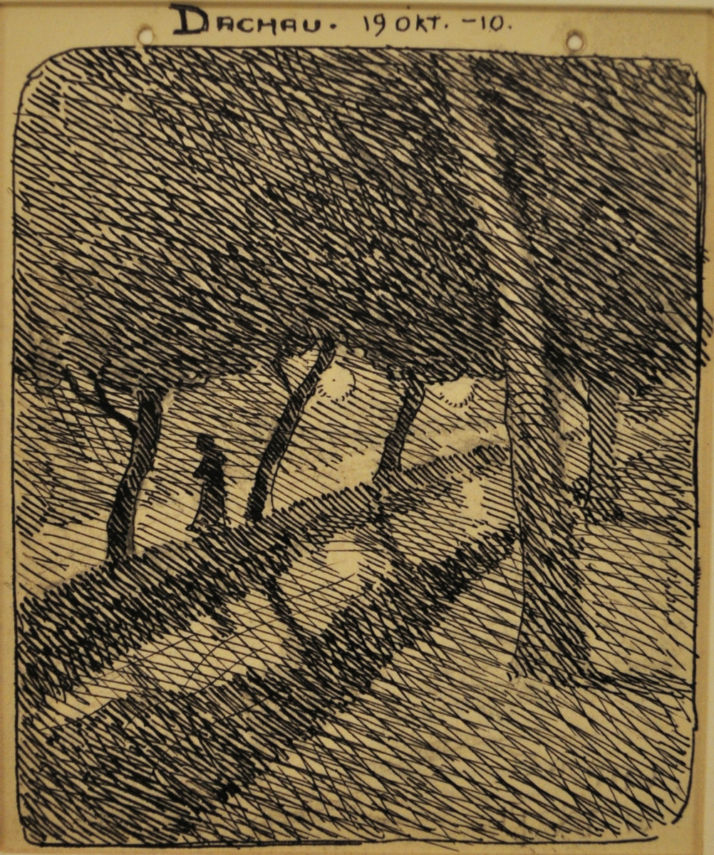 Mörk allé, figur mellan träd. På baksidan text: Exlibris Bengt Elna Hedberg. Samt ytterligare två teckningar på exlibris med initialerna BEH.